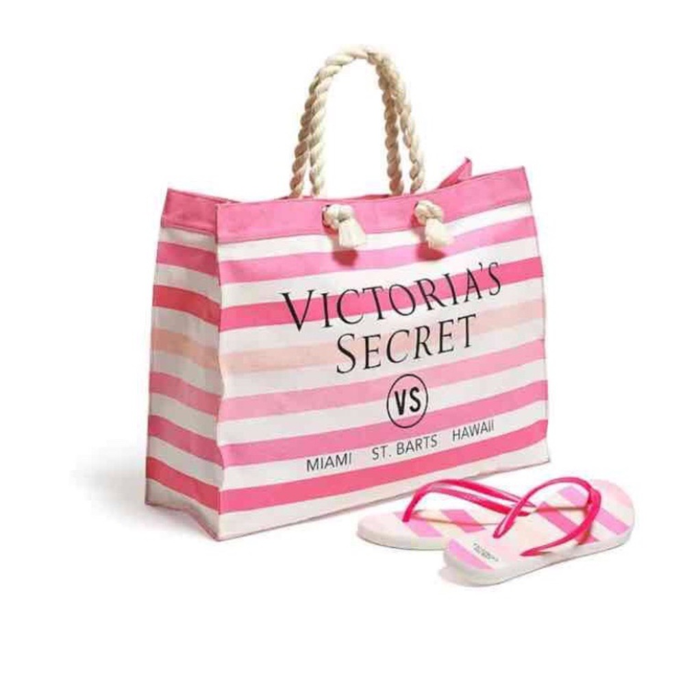Victoria’s Secret Pink Striped Tote + Flip Flops